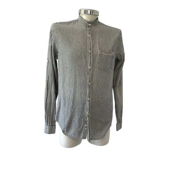 ZARA Man ~ Linen blend Blue & White Striped ~ Long Sleeve Button-Down Shirt~ - Picture 5 of 14